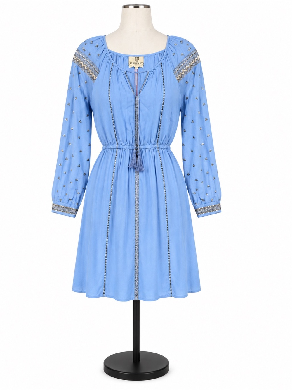 The Jetset NWT Light Blue Boho Embroidered Tassel Mini Dress Rayon Size L